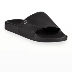 GIORGIO ARMANI MEN'S BLACK LOGO TEXTURED LEATHER POOL SLIDES us size 7