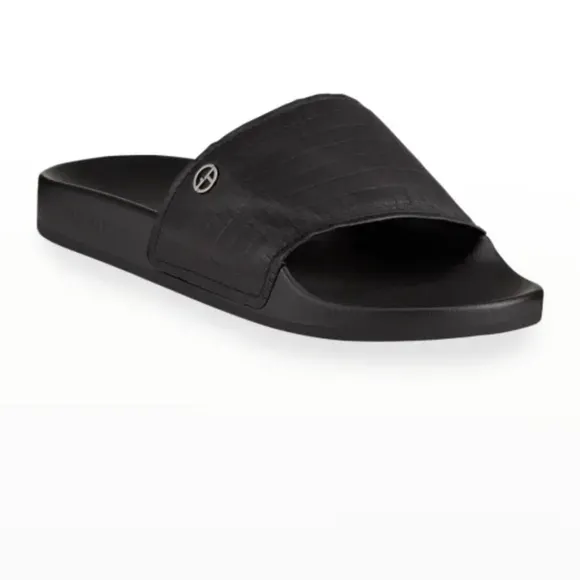 GIORGIO ARMANI MEN'S BLACK LOGO TEXTURED LEATHER POOL SLIDES us size 7