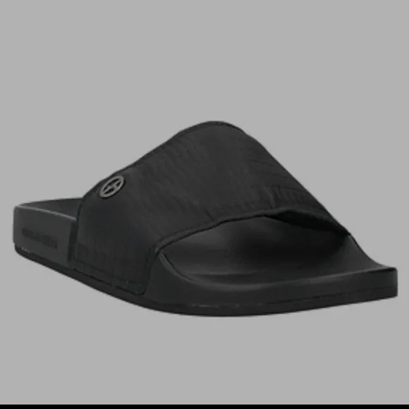 GIORGIO ARMANI MEN'S BLACK LOGO TEXTURED LEATHER POOL SLIDES us size 7