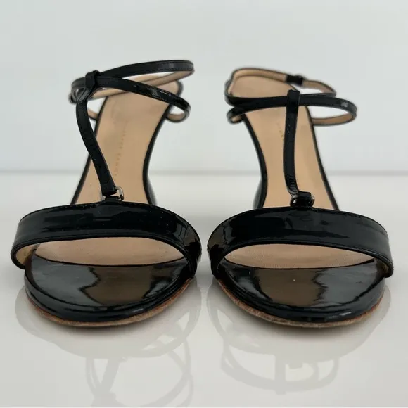 GIUSEPPE ZANOTTI BLACK PATENT LEATHER WEDGE SANDALS SIZE IT 37.5 / US 7.5