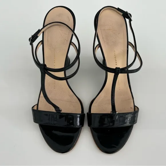 GIUSEPPE ZANOTTI BLACK PATENT LEATHER WEDGE SANDALS SIZE IT 37.5 / US 7.5
