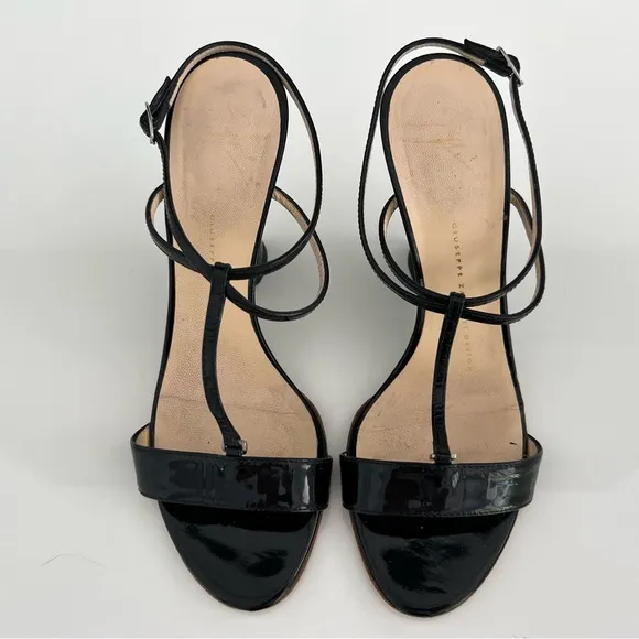 GIUSEPPE ZANOTTI BLACK PATENT LEATHER WEDGE SANDALS SIZE IT 37.5 / US 7.5