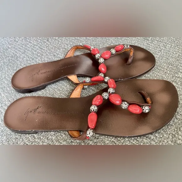 GIUSEPPE ZANOTTI Brown With Coral Beads Sandal Flats With Embedded Rhinestones
