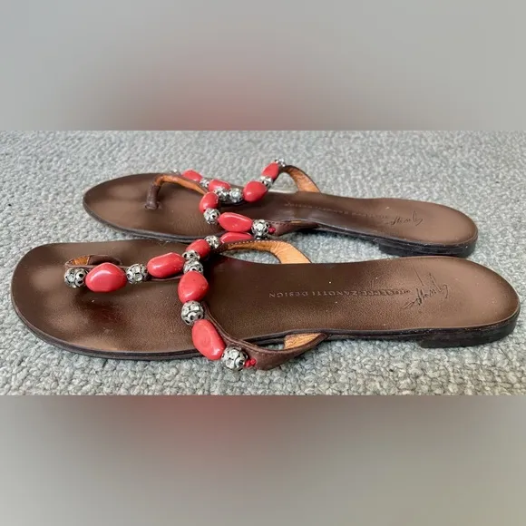 GIUSEPPE ZANOTTI Brown With Coral Beads Sandal Flats With Embedded Rhinestones