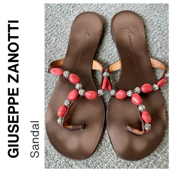 GIUSEPPE ZANOTTI Brown With Coral Beads Sandal Flats With Embedded Rhinestones