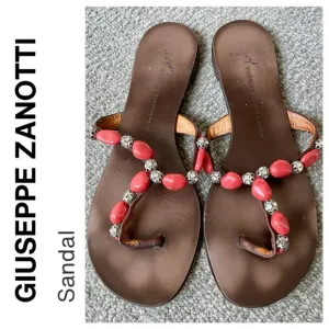 GIUSEPPE ZANOTTI Brown With Coral Beads Sandal Flats With Embedded Rhinestones