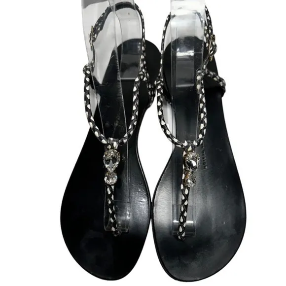 Giuseppe Zanotti Womens Size 38 7.5 Hollie Black Leather Crystal T-Strap Sandals