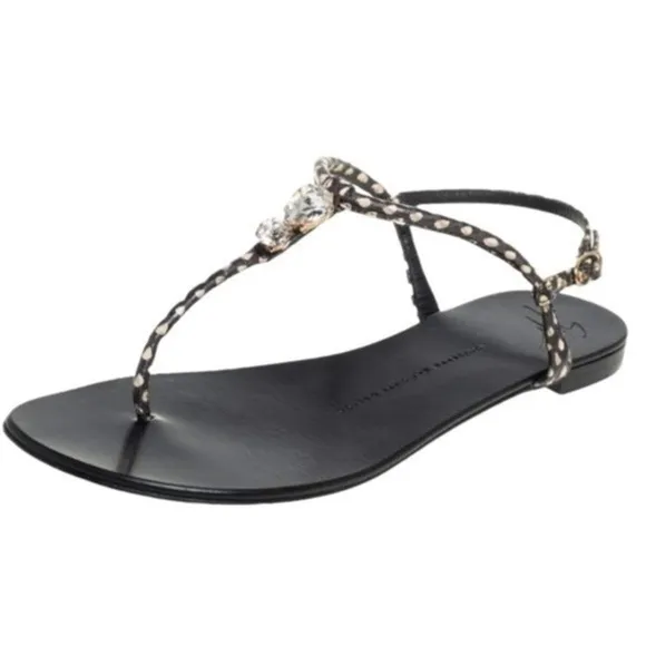 Giuseppe Zanotti Womens Size 38 7.5 Hollie Black Leather Crystal T-Strap Sandals