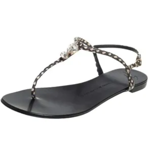 Giuseppe Zanotti Womens Size 38 7.5 Hollie Black Leather Crystal T-Strap Sandals