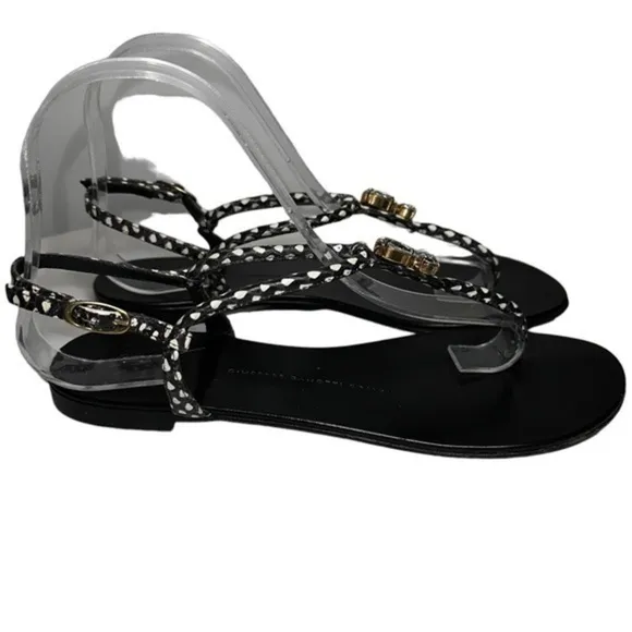 Giuseppe Zanotti Womens Size 38 7.5 Hollie Black Leather Crystal T-Strap Sandals