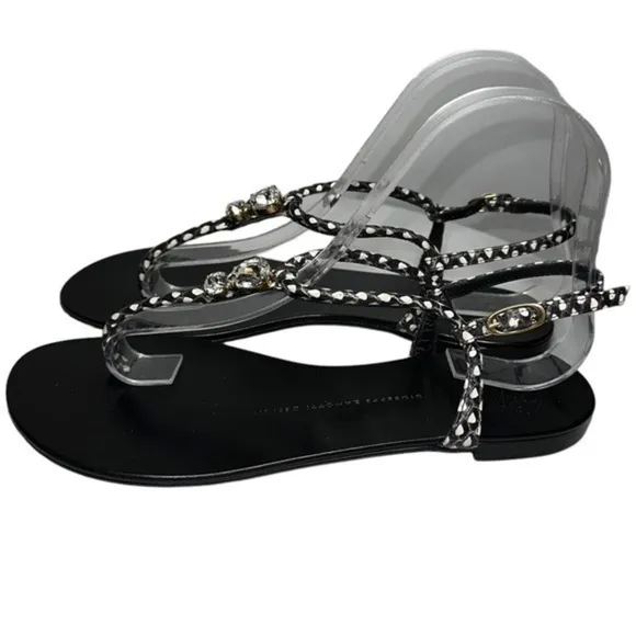 Giuseppe Zanotti Womens Size 38 7.5 Hollie Black Leather Crystal T-Strap Sandals