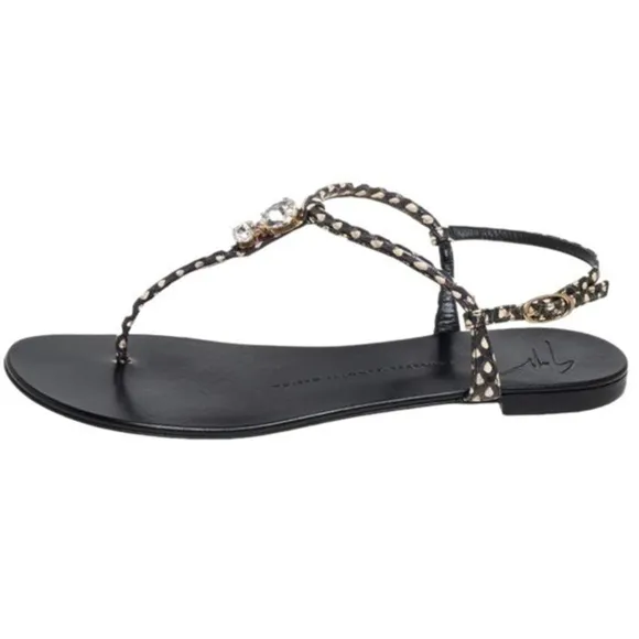Giuseppe Zanotti Womens Size 38 7.5 Hollie Black Leather Crystal T-Strap Sandals