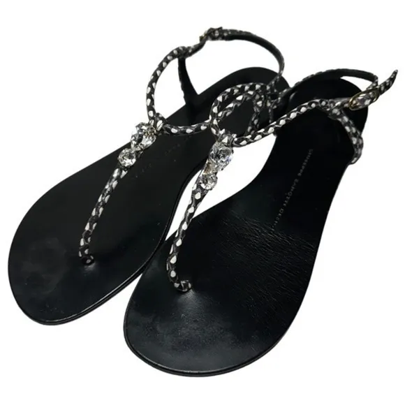 Giuseppe Zanotti Womens Size 38 7.5 Hollie Black Leather Crystal T-Strap Sandals