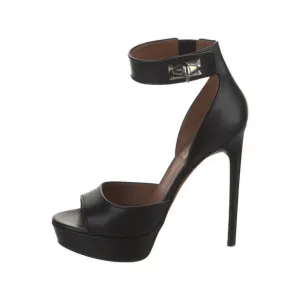 Givenchy Black Leather Ankle Strap Shark Lock Platform Heels Sandals Size 39