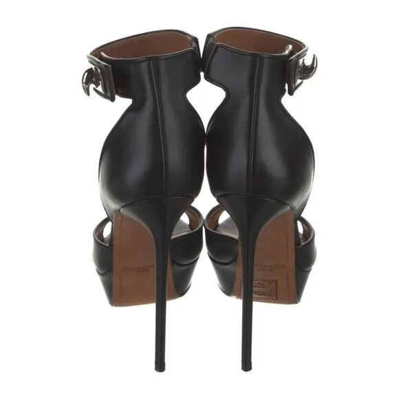 Givenchy Black Leather Ankle Strap Shark Lock Platform Heels Sandals Size 39