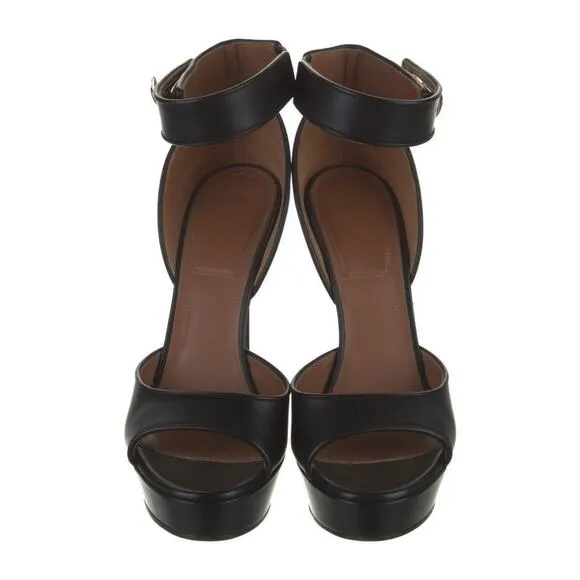 Givenchy Black Leather Ankle Strap Shark Lock Platform Heels Sandals Size 39