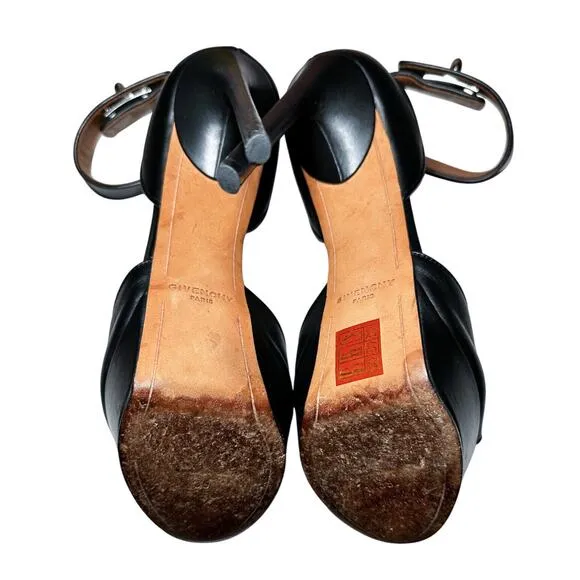 Givenchy Black Leather Ankle Strap Shark Lock Platform Heels Sandals Size 39