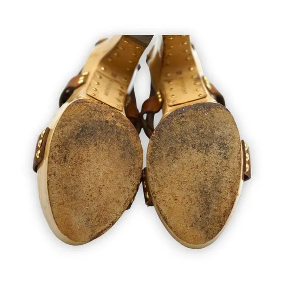 GIVENCHY Brown Leather‎ Gold Stud Detail Platform Sandals Geels Size 38.5