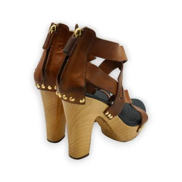 GIVENCHY Brown Leather‎ Gold Stud Detail Platform Sandals Geels Size 38.5