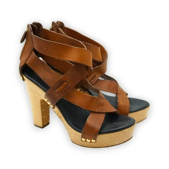 GIVENCHY Brown Leather‎ Gold Stud Detail Platform Sandals Geels Size 38.5