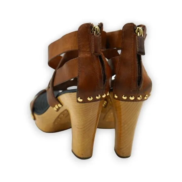 GIVENCHY Brown Leather‎ Gold Stud Detail Platform Sandals Geels Size 38.5