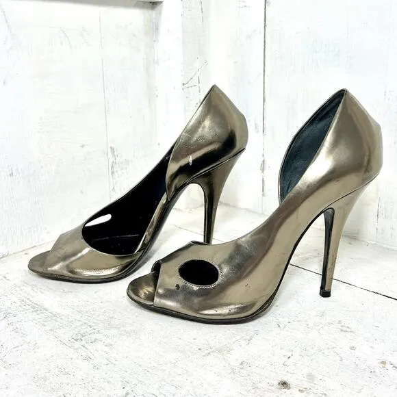 Givenchy Metallic Leather Peep Toe Stilettos D’Orsay Heels Gold Womens Size 37.5