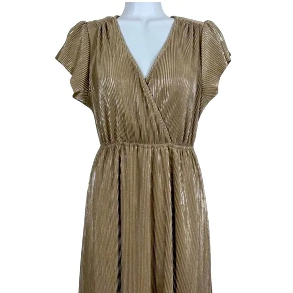 Gold Maxi Gown Pleated with Cap Sleeves and V-Neckline