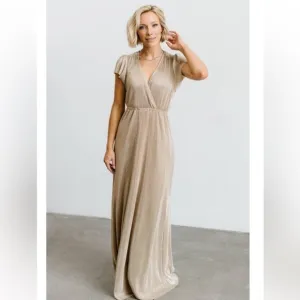Gold Maxi Gown Pleated with Cap Sleeves and V-Neckline