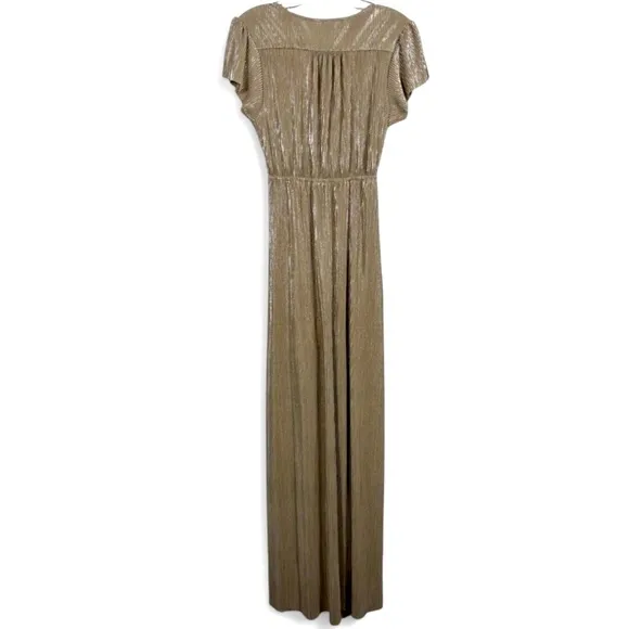 Gold Maxi Gown Pleated with Cap Sleeves and V-Neckline