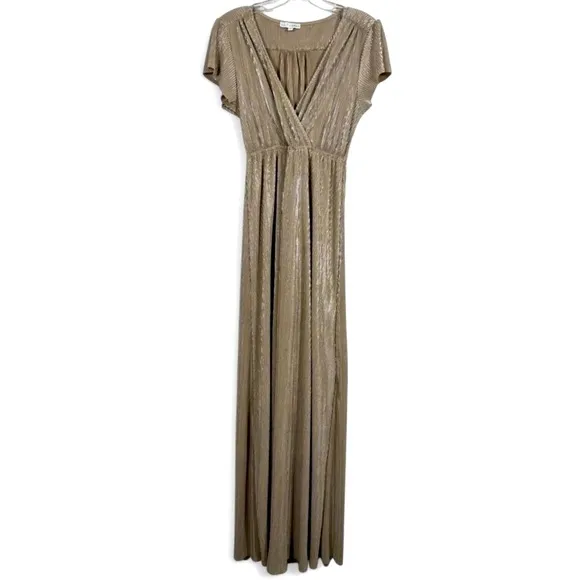 Gold Maxi Gown Pleated with Cap Sleeves and V-Neckline