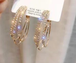 Gold Rhinestone Geometric Circle Earrings