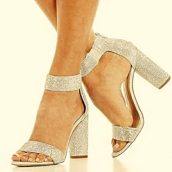 Gold Sparkling 9.5 Crystal Rhinestones Iridescent Bling Formal Dress Sandals