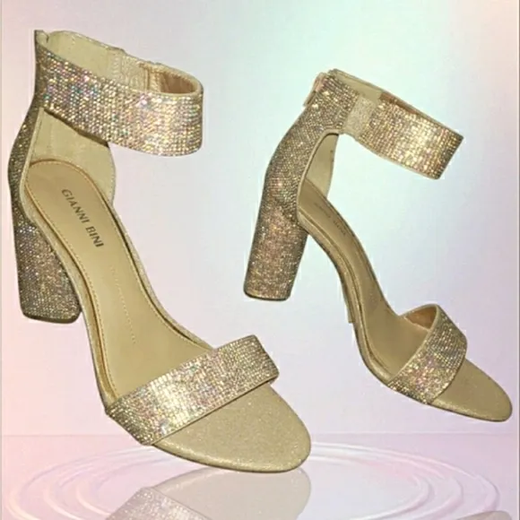 Gold Sparkling 9.5 Crystal Rhinestones Iridescent Bling Formal Dress Sandals