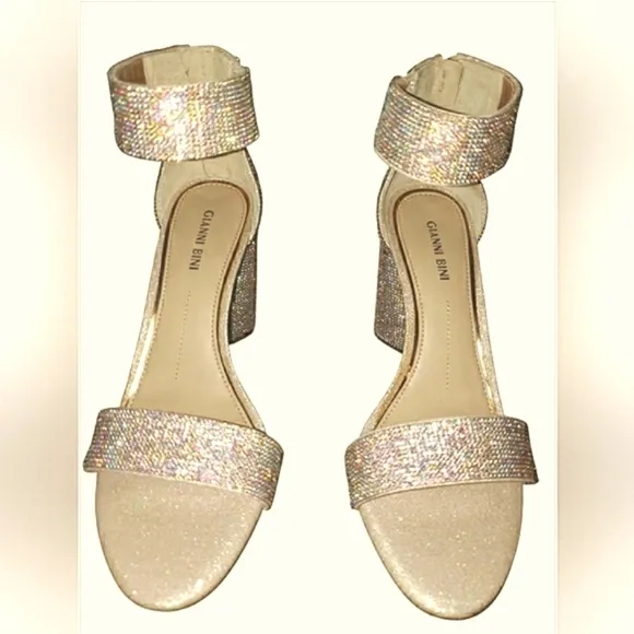 Gold Sparkling 9.5 Crystal Rhinestones Iridescent Bling Formal Dress Sandals