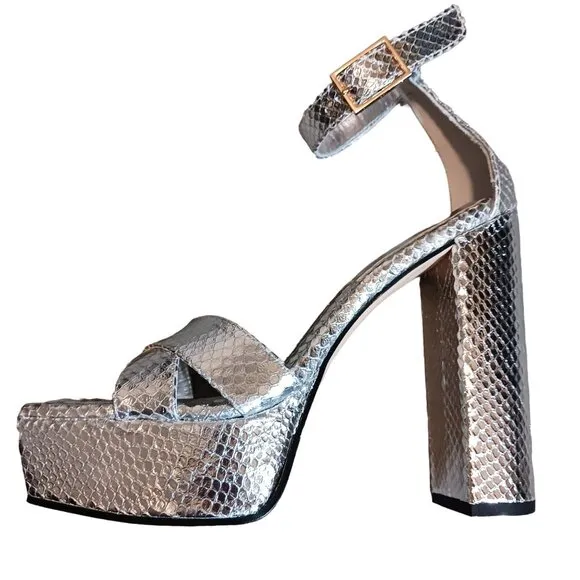 Good American Ankle Strap Open Toe Platform Sandals, Sliver Snake,‎ Size 8