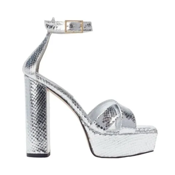 Good American Ankle Strap Open Toe Platform Sandals, Sliver Snake,‎ Size 8
