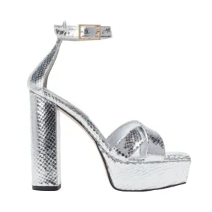 Good American Ankle Strap Open Toe Platform Sandals, Sliver Snake,‎ Size 8