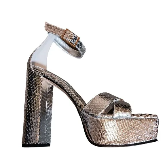 Good American Ankle Strap Open Toe Platform Sandals, Sliver Snake,‎ Size 8