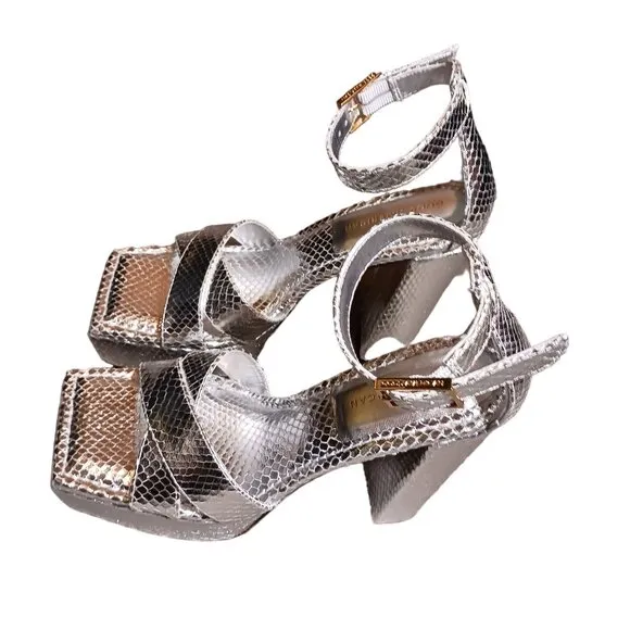 Good American Ankle Strap Open Toe Platform Sandals, Sliver Snake,‎ Size 8