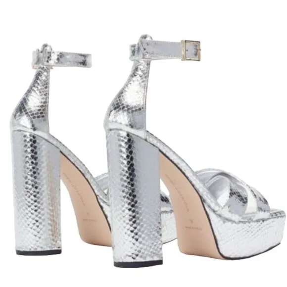 Good American Ankle Strap Open Toe Platform Sandals, Sliver Snake,‎ Size 8