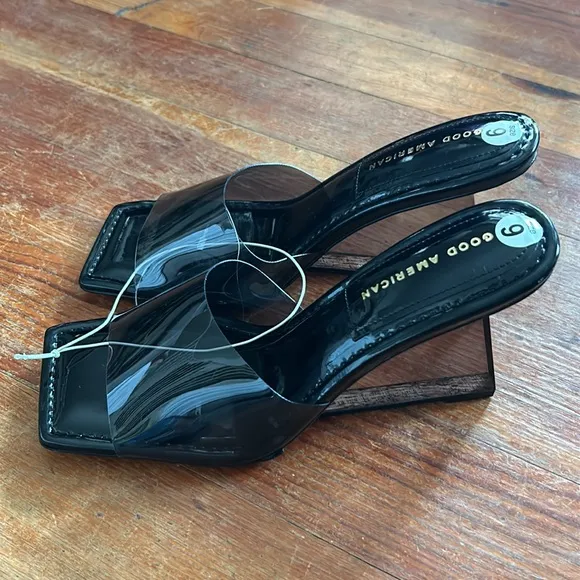 Good American Cinderella Black Lucite Slip On Mules Wedge Sandals Size:9 NWOB