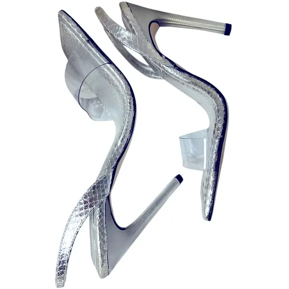 Good American Like New Lucite Sandals silver snake heels in box 7