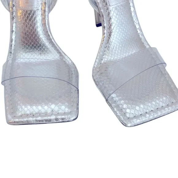 Good American Like New Lucite Sandals silver snake heels in box 7