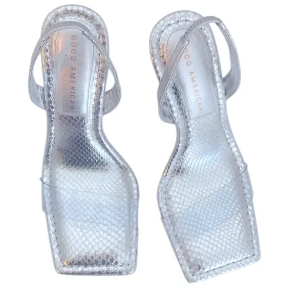 Good American Like New Lucite Sandals silver snake heels in box 7