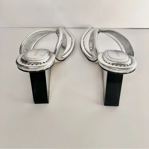 Good American Silver Patent Leather Wedge Sandals, 8