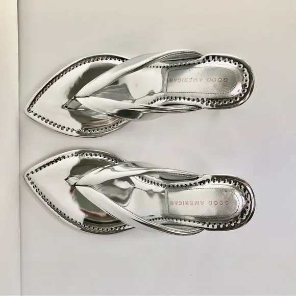 Good American Silver Patent Leather Wedge Sandals, 8