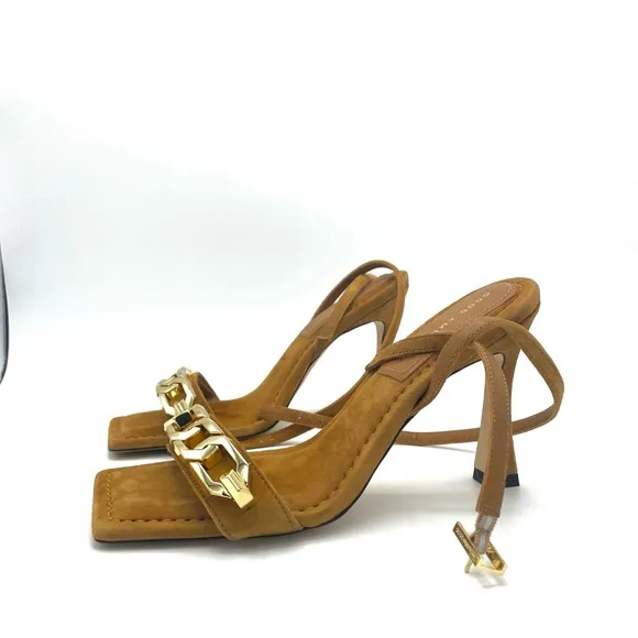 Good American Single Strap Golden Chain Ankle Strap Sandals Suede Leather