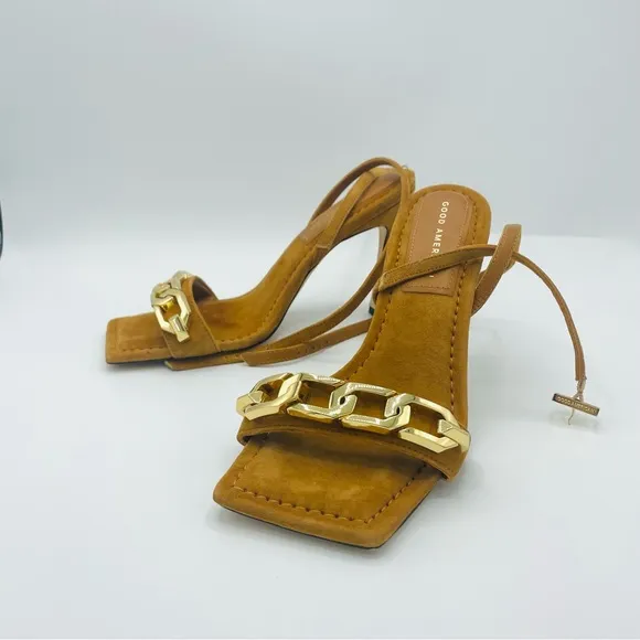 Good American Single Strap Golden Chain Ankle Strap Sandals Suede Leather