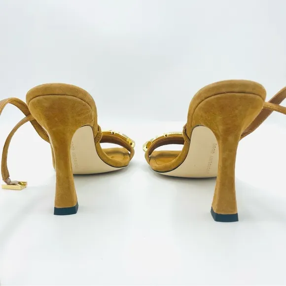 Good American Single Strap Golden Chain Ankle Strap Sandals Suede Leather