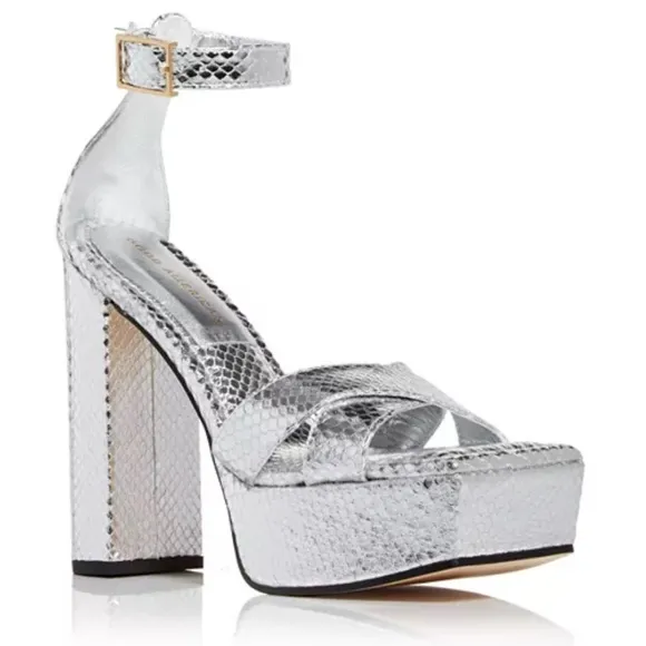 Good American Snake Embossed Platform High-Heel Sandals in Silver, 5.5 NWT $185
